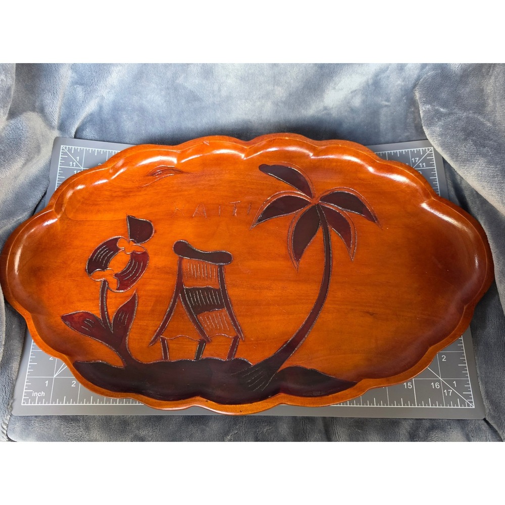 Vintage Haiti Hand Carved Wooden Tray Tropical Palm Tree Scalloped Platter